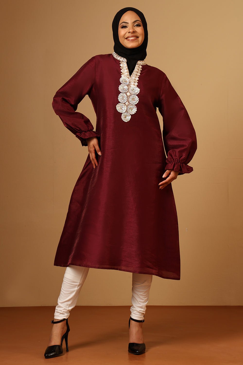 Dupion Silk Puffed Sleeves Tunic with Sequined Lace & Embroidery - EastEssence.com
