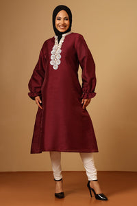 Dupion Silk Puffed Sleeves Tunic with Sequined Lace & Embroidery - EastEssence.com