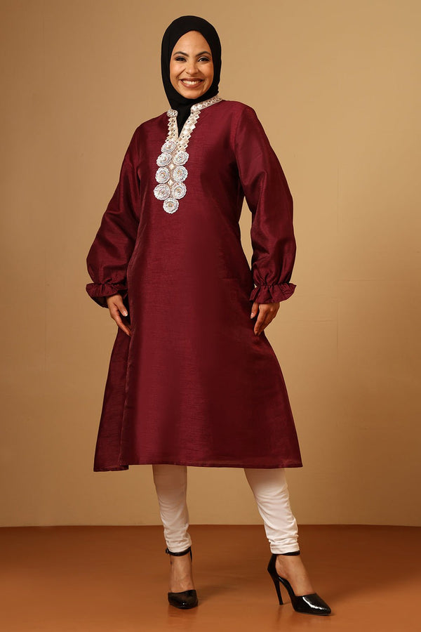 Dupion Silk Puffed Sleeves Tunic with Sequined Lace & Embroidery - EastEssence.com