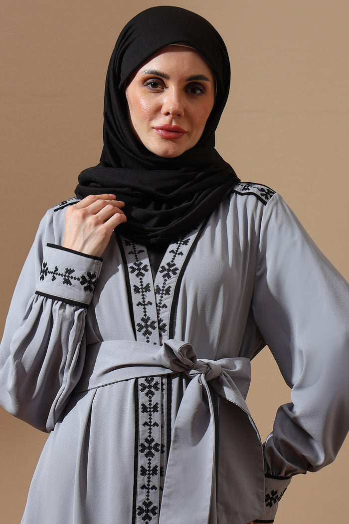 Dusty Grey Embroidered Abaya with Waist Tie - EastEssence.com