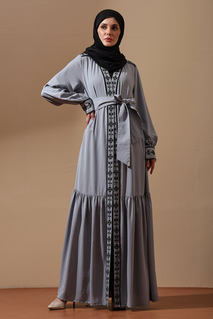 Dusty Grey Embroidered Abaya with Waist Tie - EastEssence.com