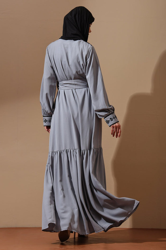 Dusty Grey Embroidered Abaya with Waist Tie - EastEssence.com