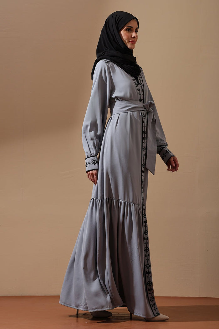 Dusty Grey Embroidered Abaya with Waist Tie - EastEssence.com