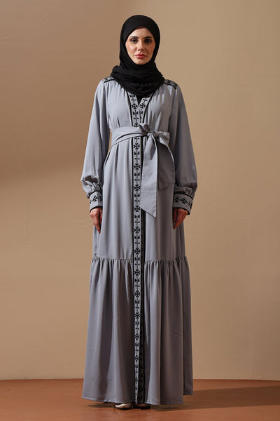 Dusty Grey Embroidered Abaya with Waist Tie - EastEssence.com