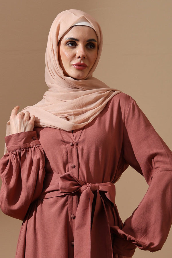 Dusty Rose Flared Sleeve Belted Abaya - EastEssence.com