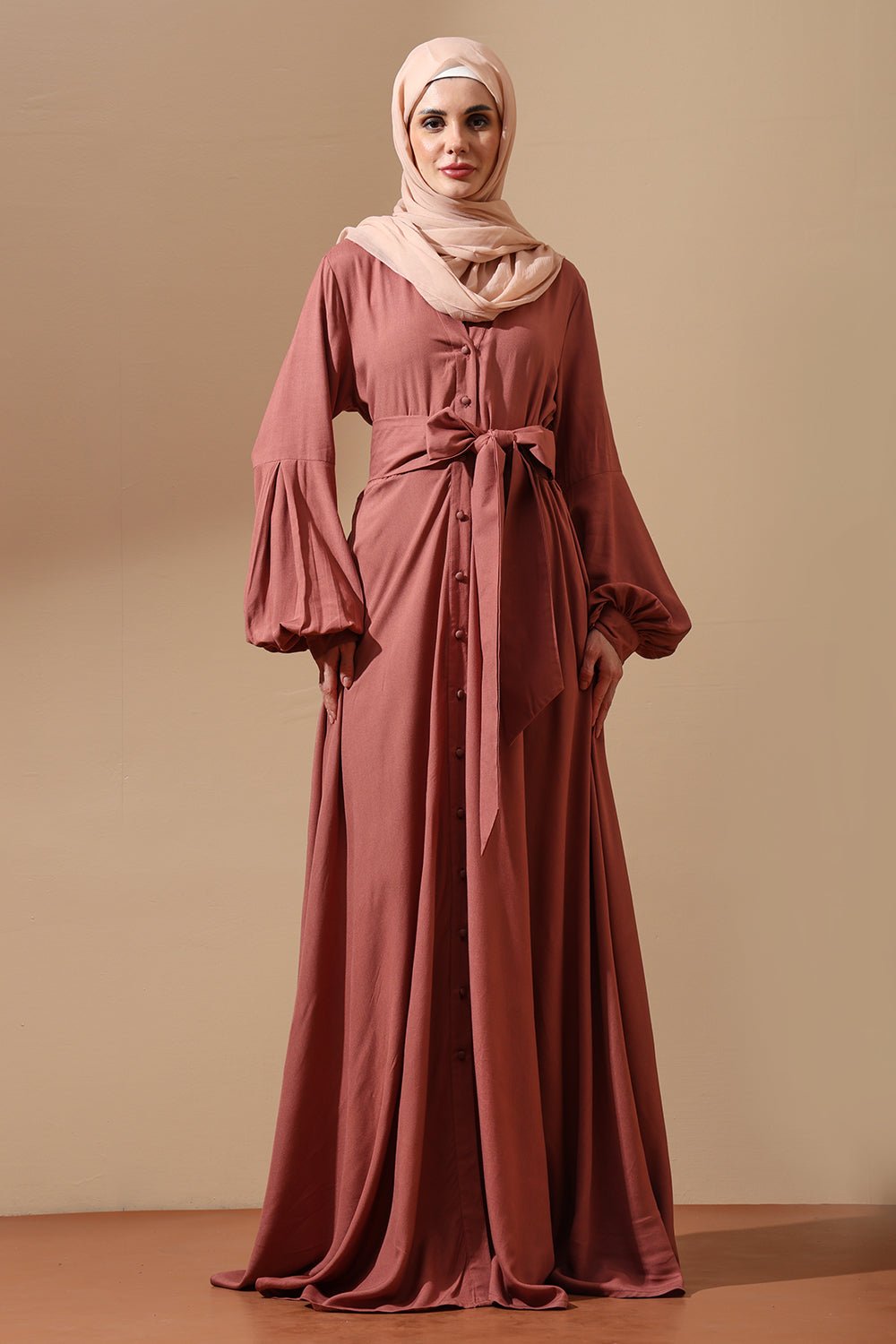 Dusty Rose Flared Sleeve Belted Abaya - EastEssence.com