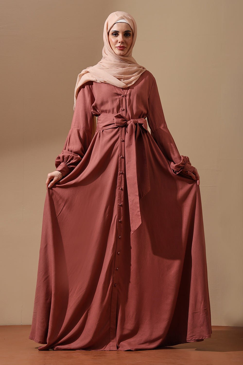 Dusty Rose Flared Sleeve Belted Abaya - EastEssence.com