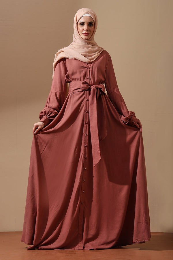 Dusty Rose Flared Sleeve Belted Abaya - EastEssence.com