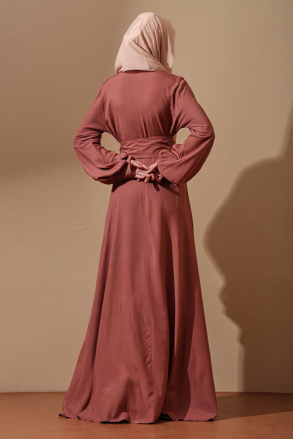 Dusty Rose Flared Sleeve Belted Abaya - EastEssence.com