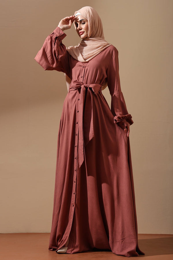 Dusty Rose Flared Sleeve Belted Abaya - EastEssence.com