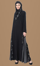 Ensemble abaya et hijab bicolore à broderies florales