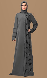 Arabic Grey Enchantress Embroidered Abaya with Pockets