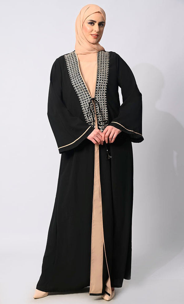 Effortless Sophistication: Front Tied Embroidered Black Shrug with Lining - EastEssence.com