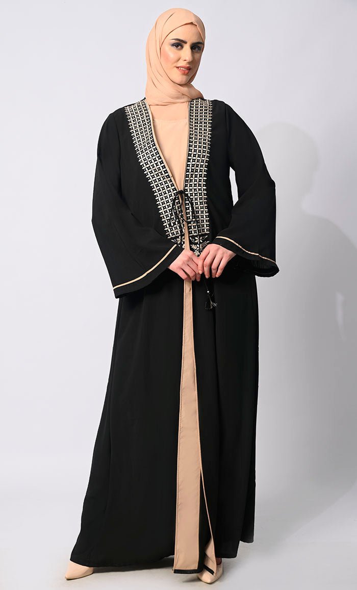 Effortless Sophistication: Front Tied Embroidered Black Shrug with Lining - EastEssence.com