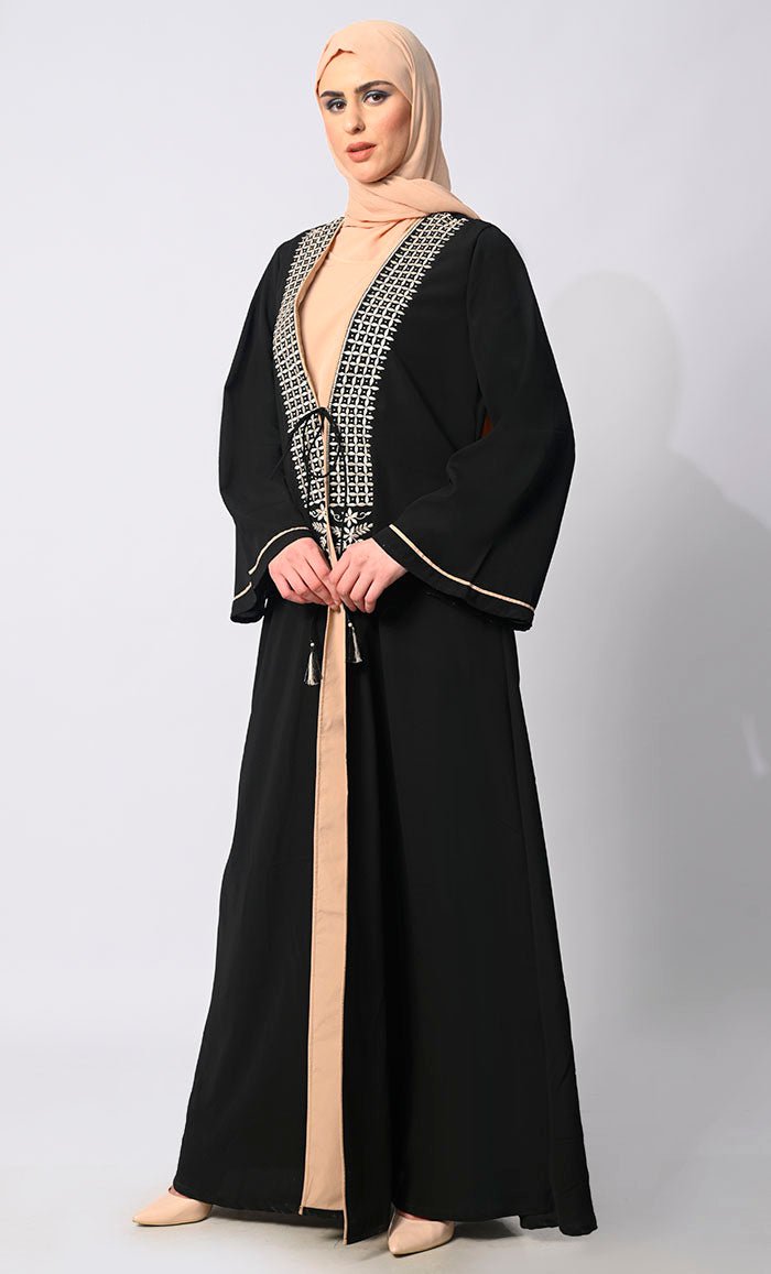 Effortless Sophistication: Front Tied Embroidered Black Shrug with Lining - EastEssence.com