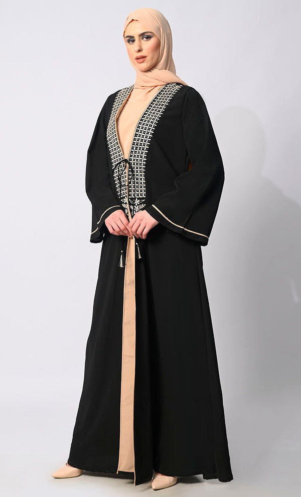 Effortless Sophistication: Front Tied Embroidered Black Shrug with Lining - EastEssence.com