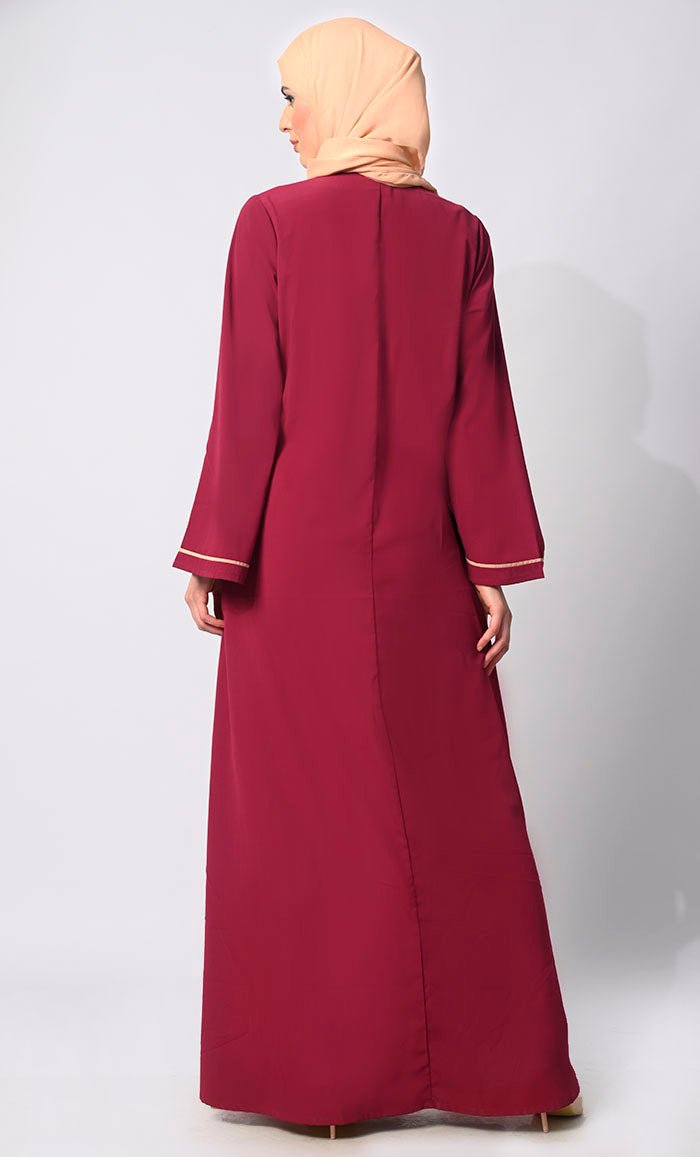 Effortless Sophistication: Front Tied Embroidered Maroon Shrug with Lining - EastEssence.com
