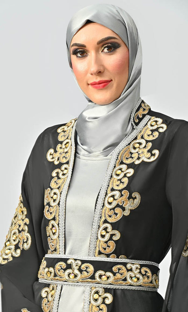 Egypt Moroccan Style Detailed Embroidery On Georgette And Included Grey Satin Inner - Final Sale - EastEssence.com
