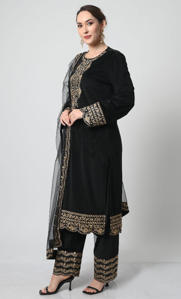 Eid Partywear – Velour Salwar Kameez with Silver Embroidery & Net Shawl - EastEssence.com