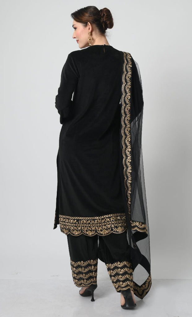 Eid Partywear – Velour Salwar Kameez with Silver Embroidery & Net Shawl - EastEssence.com