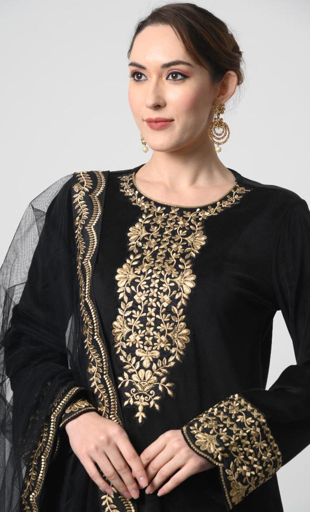 Eid Partywear – Velour Salwar Kameez with Silver Embroidery & Net Shawl - EastEssence.com