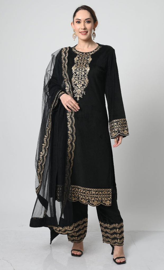 Eid Partywear – Velour Salwar Kameez with Silver Embroidery & Net Shawl - EastEssence.com