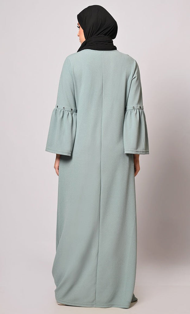 Elegance in Every Eyelet: Green Abaya with Bell sleeves - Final Sale - EastEssence.com