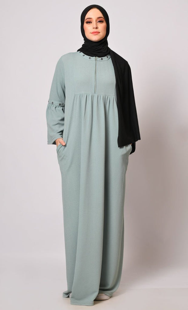 Elegance in Every Eyelet: Green Abaya with Bell sleeves - Final Sale - EastEssence.com