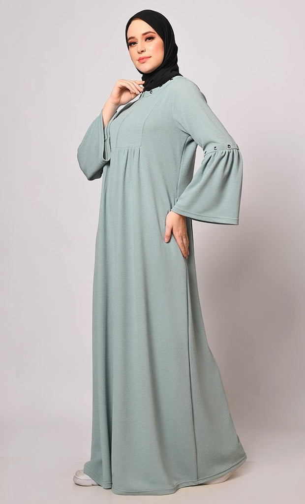 Elegance in Every Eyelet: Green Abaya with Bell sleeves - Final Sale - EastEssence.com