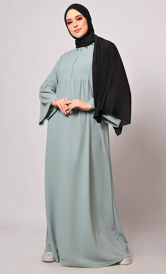Elegance in Every Eyelet: Green Abaya with Bell sleeves - Final Sale - EastEssence.com