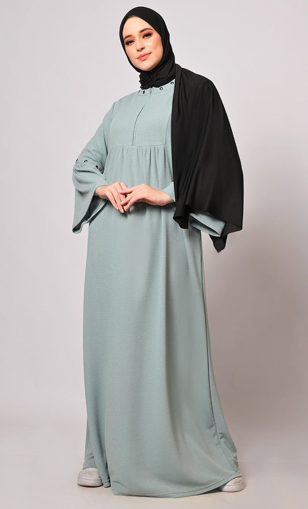 Elegance in Every Eyelet: Green Abaya with Bell sleeves - Final Sale - EastEssence.com