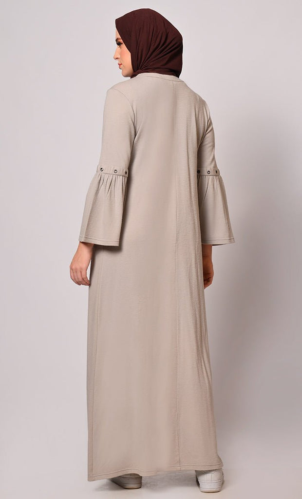 Elegance in Every Eyelet: Sand Abaya with Bell Sleeves - Final Sale - EastEssence.com