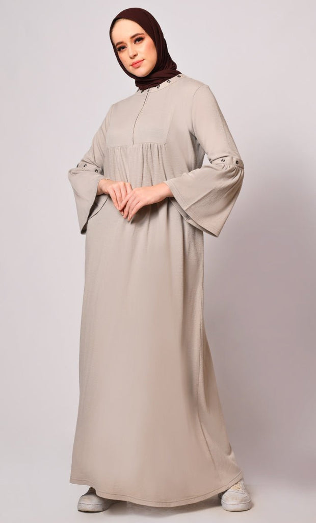 Elegance in Every Eyelet: Sand Abaya with Bell Sleeves - Final Sale - EastEssence.com