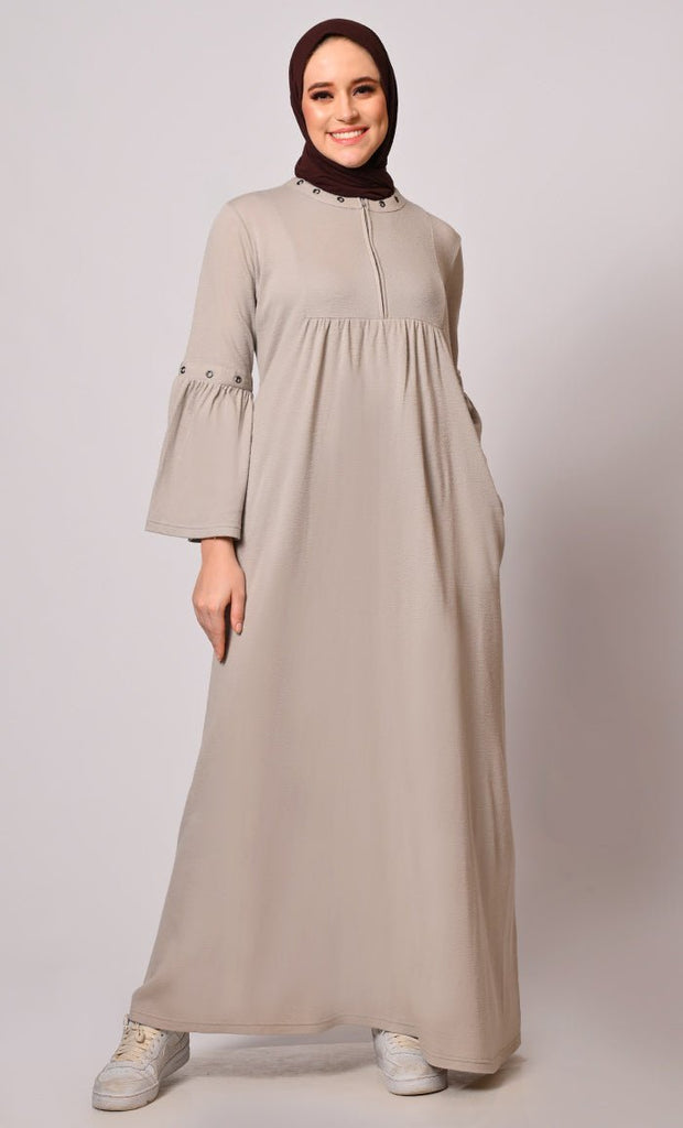 Elegance in Every Eyelet: Sand Abaya with Bell Sleeves - Final Sale - EastEssence.com