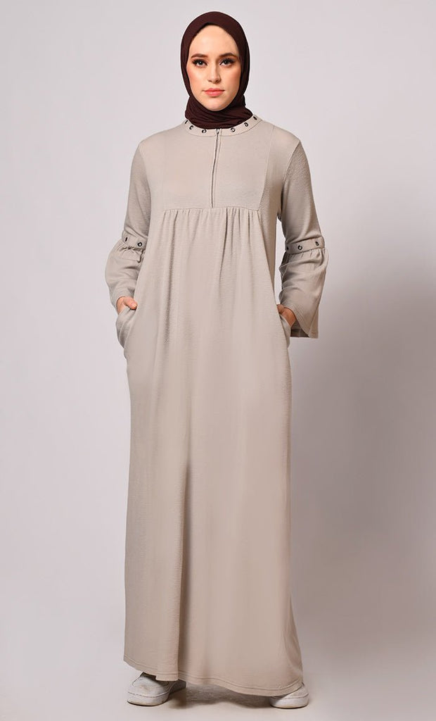 Elegance in Every Eyelet: Sand Abaya with Bell Sleeves - Final Sale - EastEssence.com