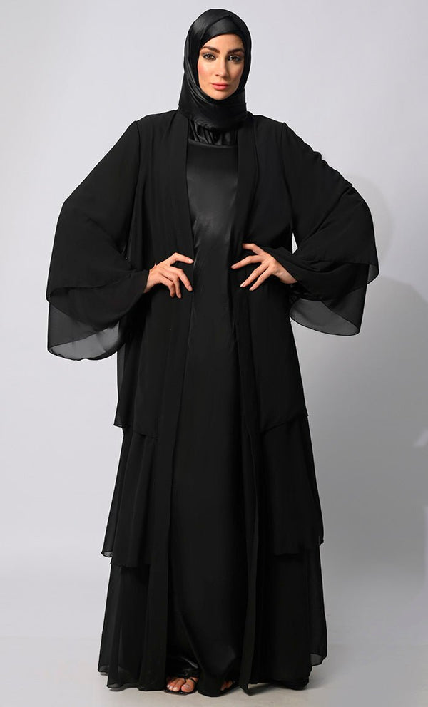 Elegance in Layers: Black Tiered Shrug with Satin Lining - EastEssence.com