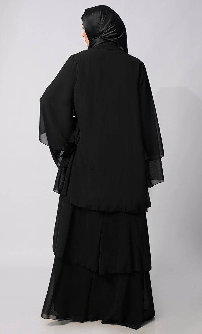 Elegance in Layers: Black Tiered Shrug with Satin Lining - EastEssence.com