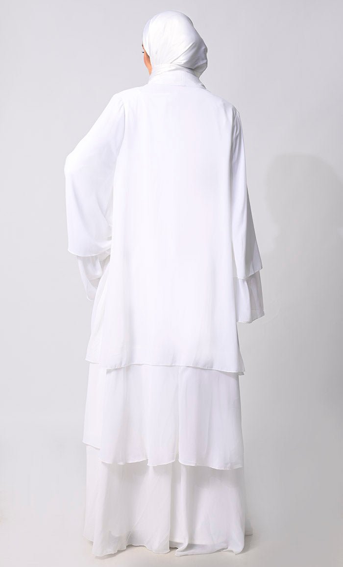 Elegance in Layers: White Tiered Shrug with Satin Lining - EastEssence.com