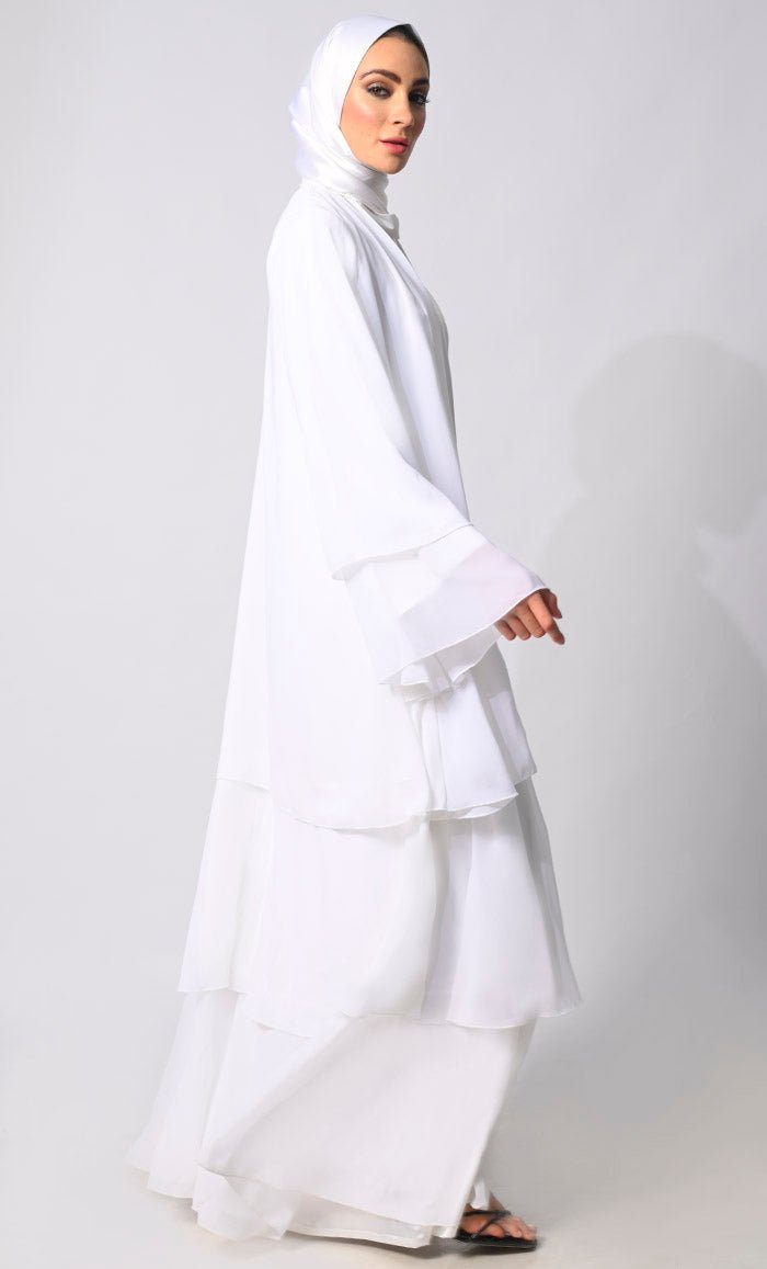 Elegance in Layers: White Tiered Shrug with Satin Lining - EastEssence.com