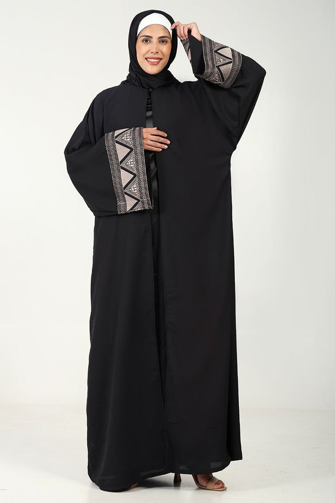 Elegant 2 - Piece Abaya Set – Embroidered Front - Open Shrug with Satin Inner - EastEssence.com