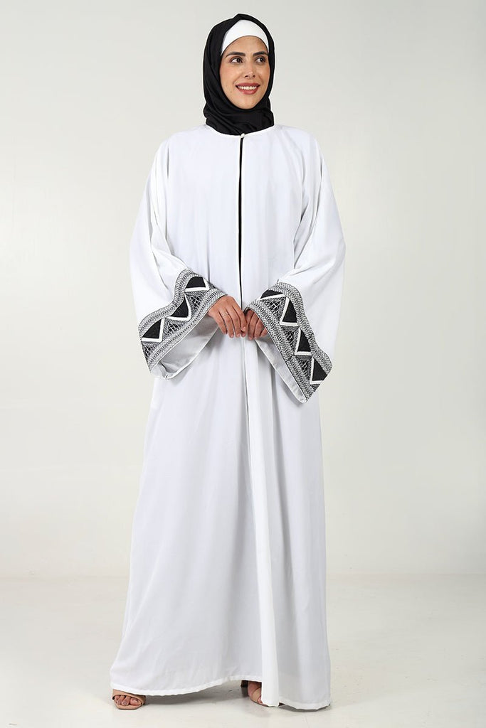 Elegant 2 - Piece Abaya Set – Embroidered Front - Open Shrug with Satin Inner - White - EastEssence.com