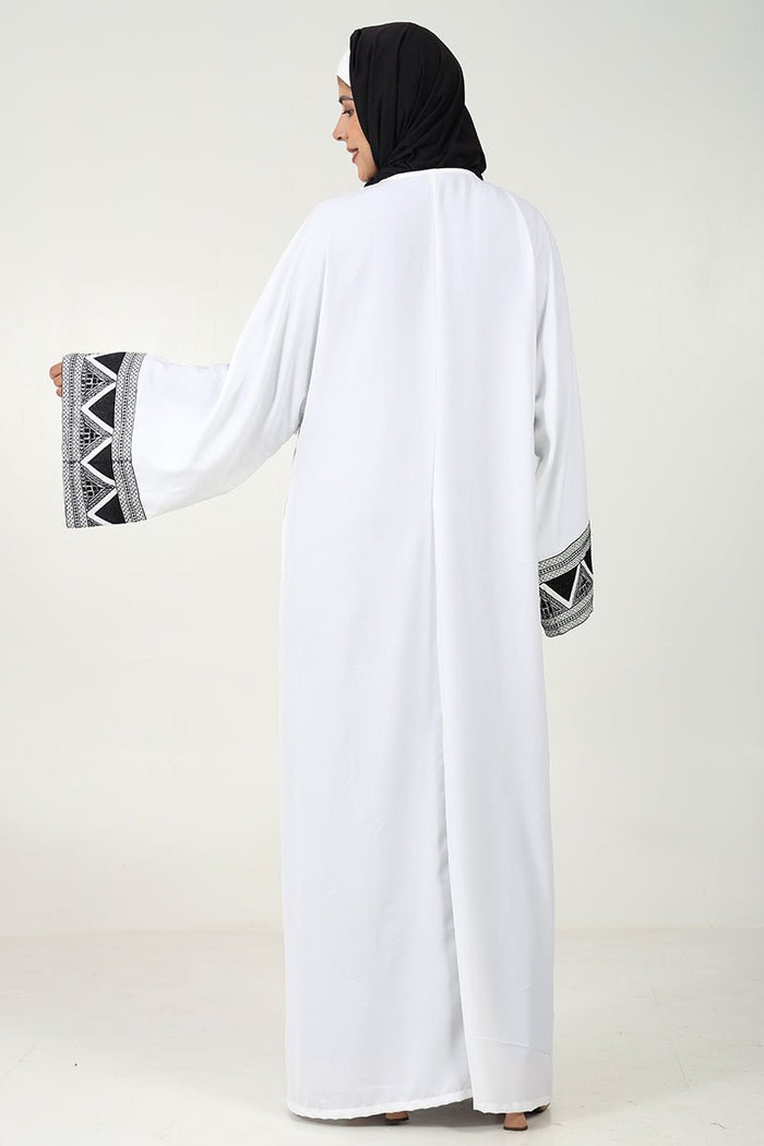 Elegant 2 - Piece Abaya Set ??Embroidered Front - Open Shrug with Satin Inner - White - EastEssence.com