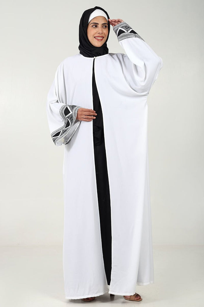 Elegant 2 - Piece Abaya Set ??Embroidered Front - Open Shrug with Satin Inner - White - EastEssence.com