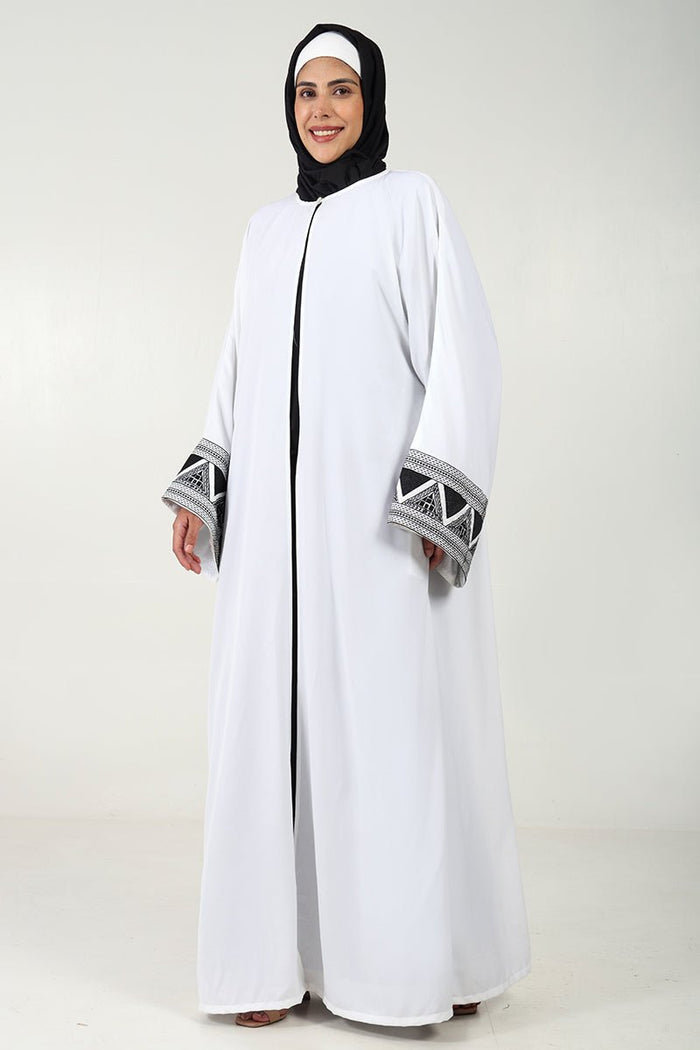 Elegant 2 - Piece Abaya Set ??Embroidered Front - Open Shrug with Satin Inner - White - EastEssence.com
