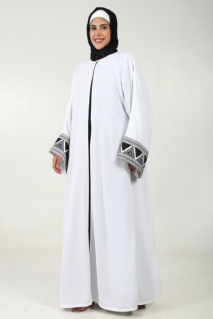 Elegant 2 - Piece Abaya Set – Embroidered Front - Open Shrug with Satin Inner - White - EastEssence.com