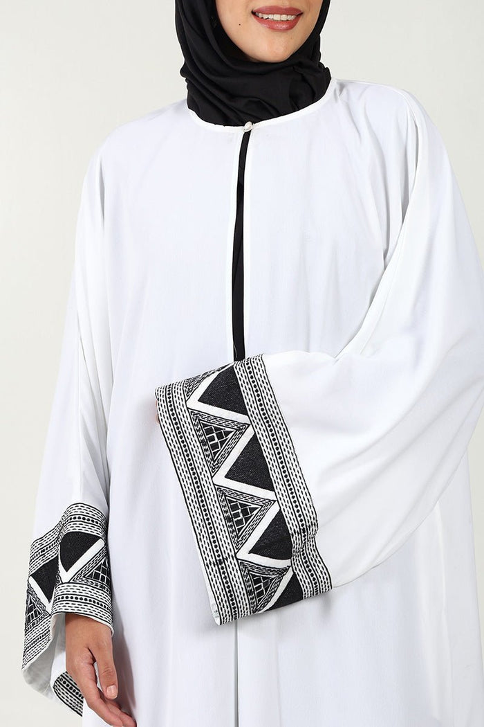 Elegant 2 - Piece Abaya Set ??Embroidered Front - Open Shrug with Satin Inner - White - EastEssence.com