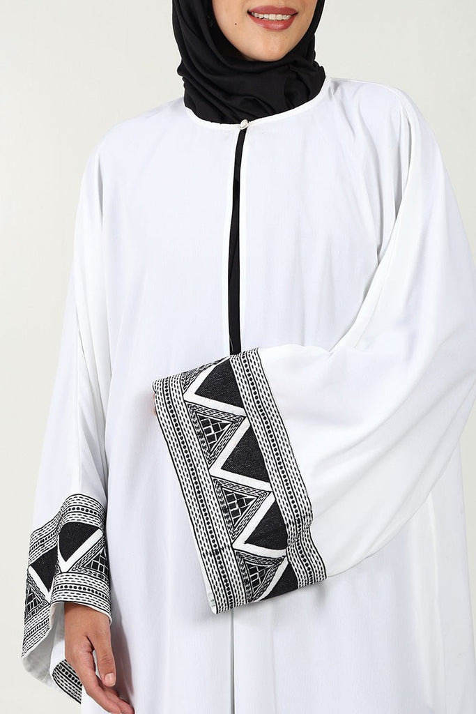 Elegant 2 - Piece Abaya Set – Embroidered Front - Open Shrug with Satin Inner - White - EastEssence.com