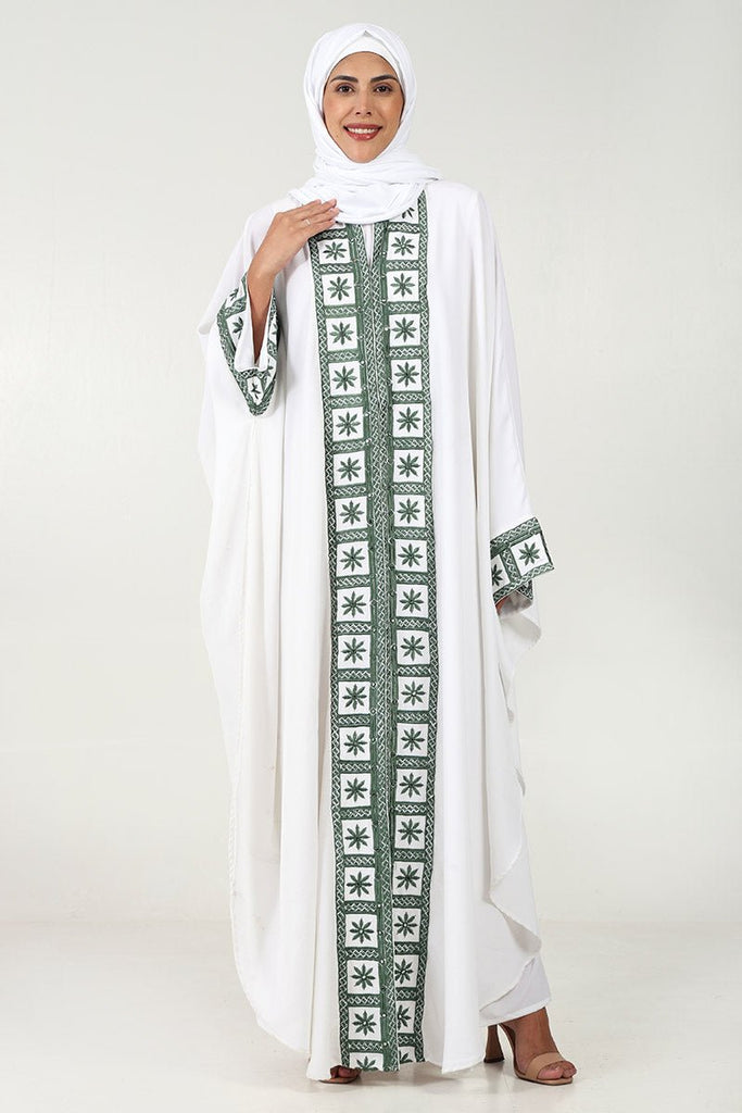 Elegant 2 - Piece Kaftan Abaya Set with Embroidered Front & Sleeves - White - EastEssence.com