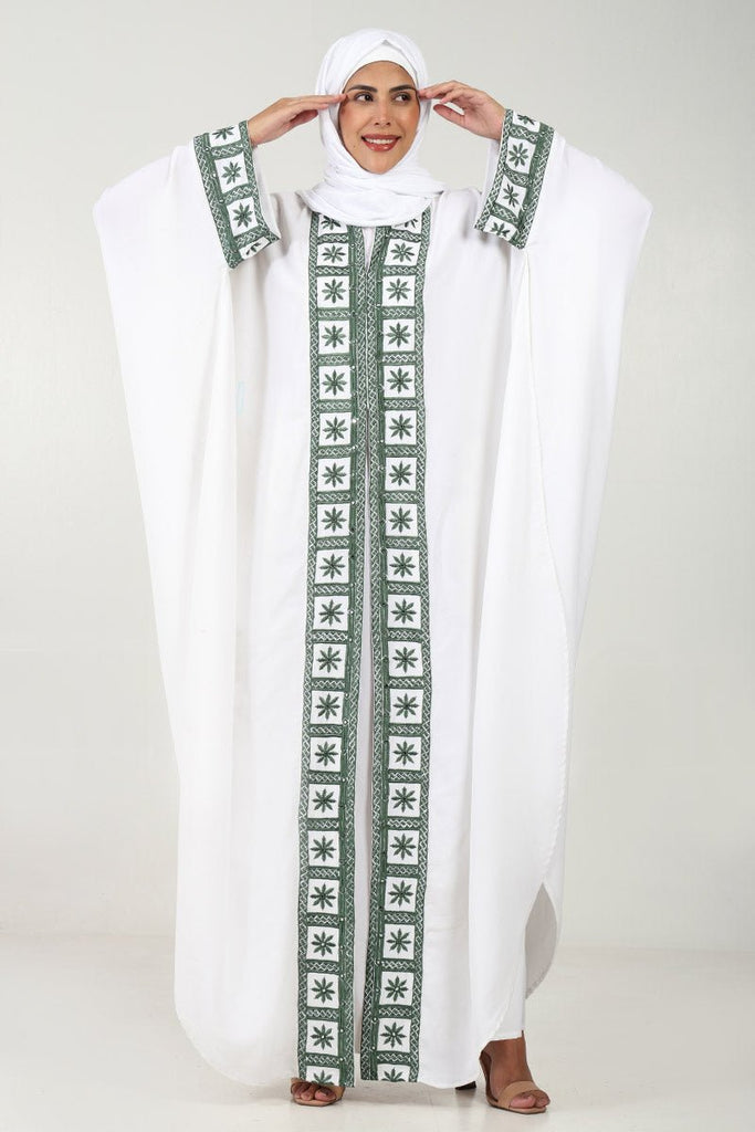 Elegant 2 - Piece Kaftan Abaya Set with Embroidered Front & Sleeves - White - EastEssence.com