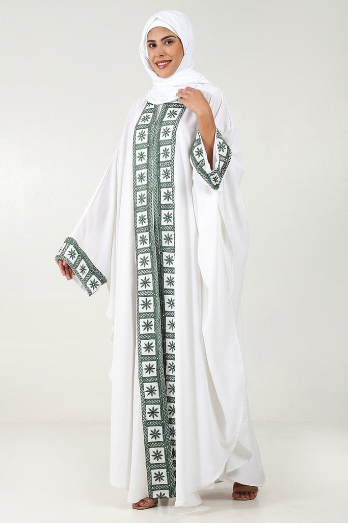 Elegant 2 - Piece Kaftan Abaya Set with Embroidered Front & Sleeves - White - EastEssence.com